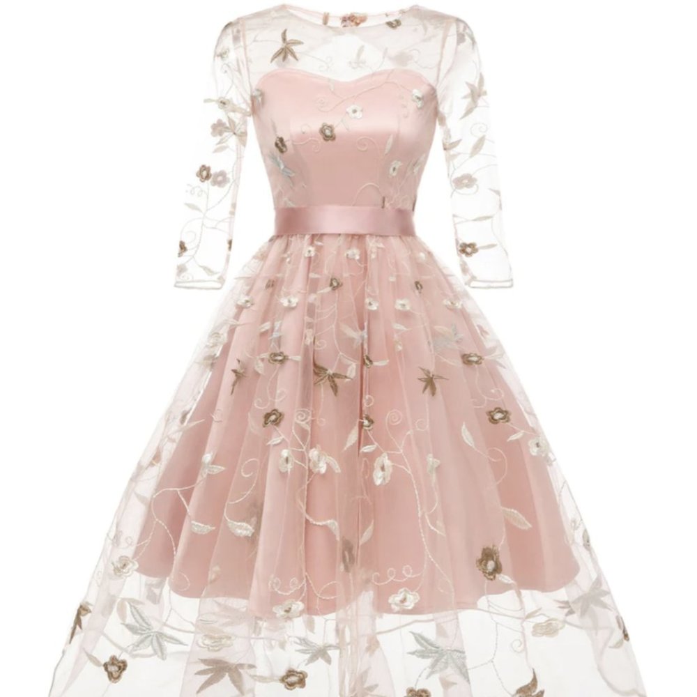 3/4 SLEEVE 1950S FLORAL EMBROIDERY DRESS